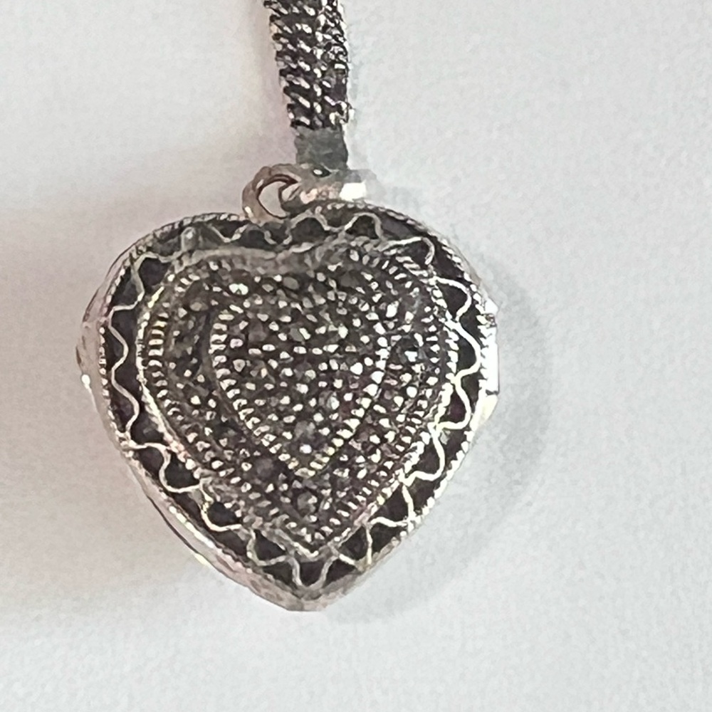 Vintage Sterling Silver Marcasite Heart Locket Necklace Pendant and Chain
